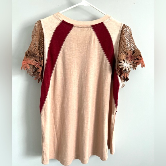 🌻🆕FREE PEOPLE As If Crochet Sleeve T-Shirt Misty Mink Combo-Size X-Small - Picture 8 of 8